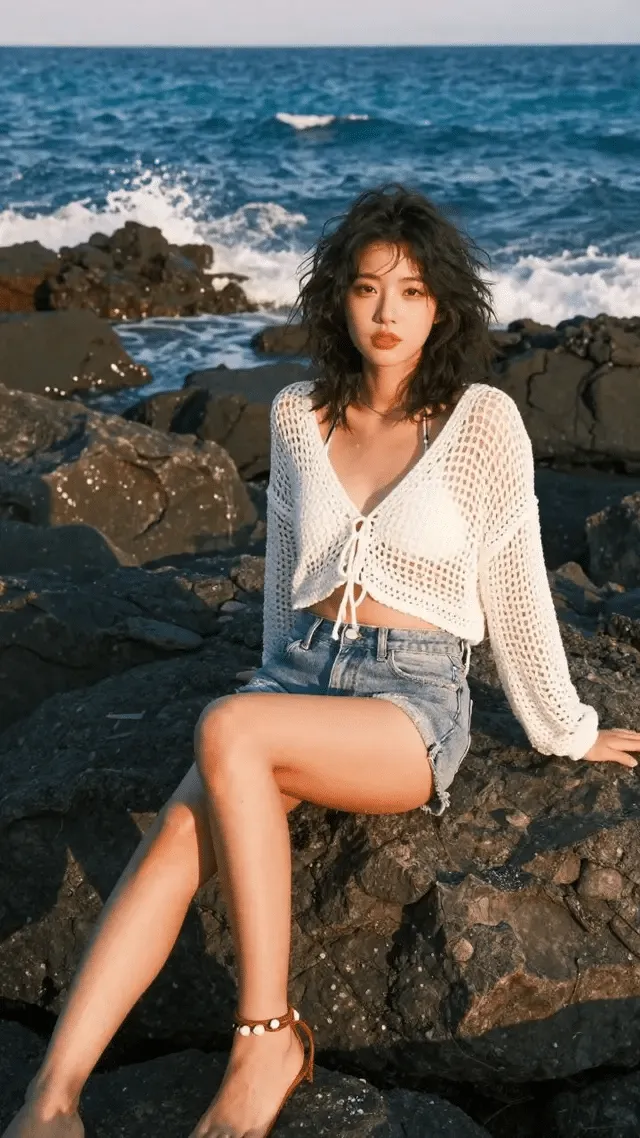 This cinematic still captures a striking portrait of a woman, rendered with a dramatic, almost theatrical flair. The camera angle is a medium shot, framing her from the waist up, with her profile turned slightly upwards and to the right, as if in contemplation or awe. Her dark, sleek bob haircut frames a delicate face with a prominent nose and full lips, her gaze directed towards an unseen wonder above and beyond the frame. She wears a simple, dark turtleneck, which allows her face and the intricate background to take center stage. Her right hand is raised, fingers slightly splayed, adorned with a single, ornate ring on her ring finger, adding a touch of subtle elegance. The color palette is predominantly cool, dominated by deep blues and grays, with subtle hints of white and silver in the background, creating a mood that is both mysterious and serene. The lighting is low-key, with soft, diffused light illuminating her face and the background, creating a sense of depth and dimension. The ambiance is one of quiet wonder and discovery, inviting the viewer to share in her experience. The background is a swirling, organic tunnel-like structure, reminiscent of a fantastical cave or an alien landscape. It's composed of numerous circular and oval openings of varying sizes, through which a brighter, textured light source is visible, suggesting an otherworldly environment. The texture of the tunnel appears intricate and woven, like a complex web or a futuristic architectural marvel. This composition, with its strong leading lines and central subject, is reminiscent of a meticulously composed shot by a master of visual storytelling, evoking a sense of expansive scale and profound intrigue, often found in a grand science fiction or fantasy epic